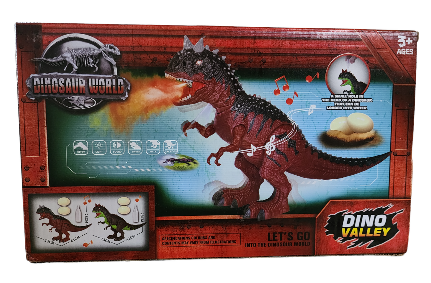 Dinosaurio gigante camina, luces, humo, pone huevos