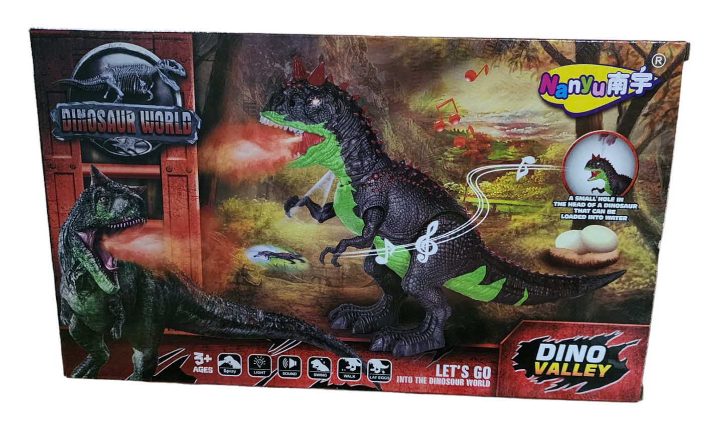 Dinosaurio gigante camina, luces, humo, pone huevos