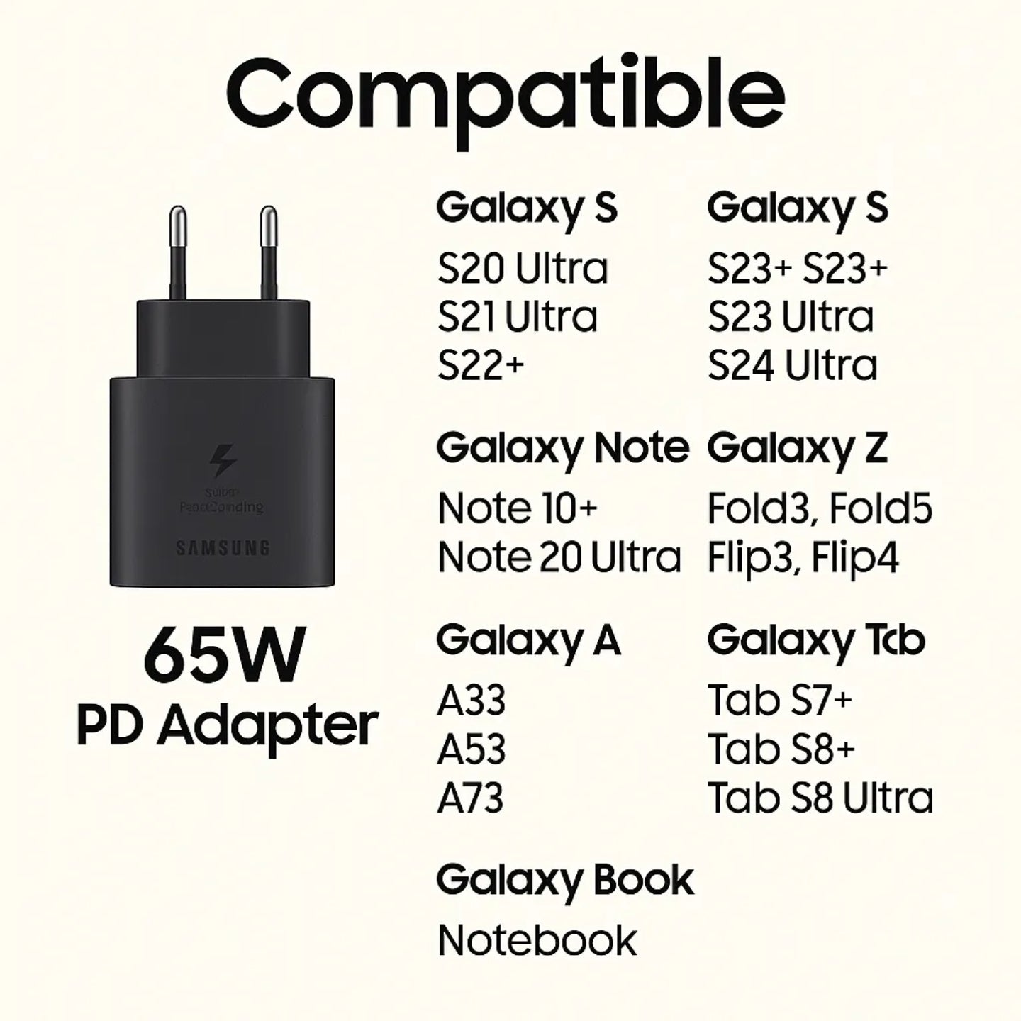 Cargador samsung usb c 65 w negro